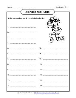 ABC Order - Full List (C-1) Free Spelling C Worksheet