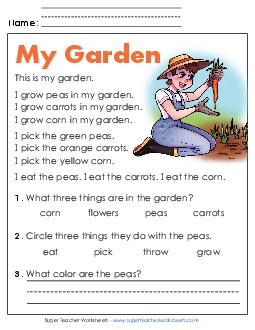 My Garden Kindergarten Reading Comprehension Reading Comp Kindergarten Worksheet