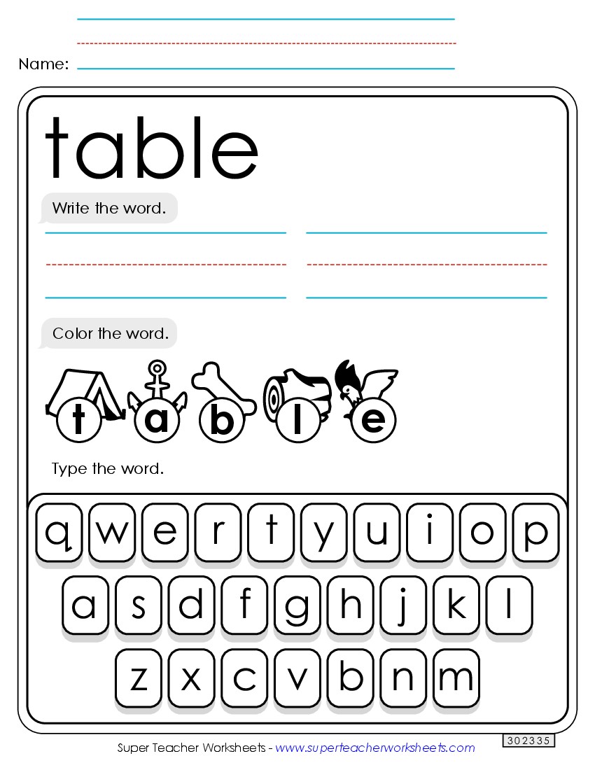 Write, Color, Type: Table Sight Words Individual Worksheet