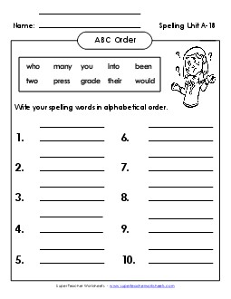 ABC Order: Full List (A-18) Spelling A Worksheet