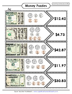 Money Matching Puzzle (Up to $50) Counting Money Worksheet