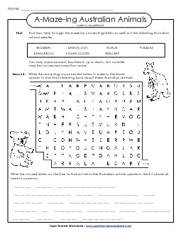 Word-Maze: Australian Animals A Maze Ing Worksheet