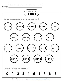 Dab or Color: Can\'t Sight Words Individual Worksheet