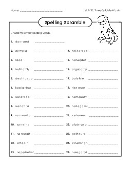 Unscramble (E-20) Spelling E Worksheet