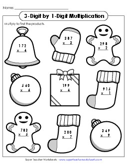 3-Digit by 1-Digit Christmas Multiplication Worksheet