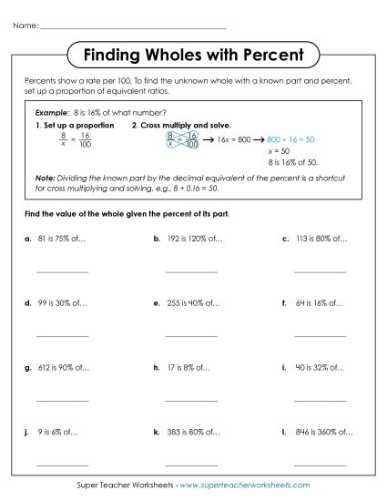 Finding Wholes with Percent Percents Worksheet