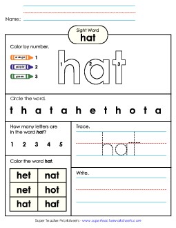 Worksheet 4: Hat Sight Words Individual Worksheet