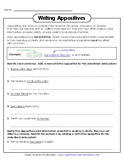 Writing Appositives 6th Grade ELA Worksheet