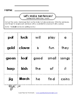 Let\'s Build Sentences (A-St. Patrick\'s Day) Spelling A Worksheet