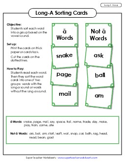 Word Sorting Cards (Long A Words) Phonics Long Short A Worksheet