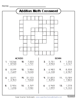 Addition Crossword Puzzle Worksheet