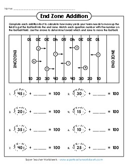 End Zone Addition (Missing Addends; 2-Digit Numbers) Worksheet