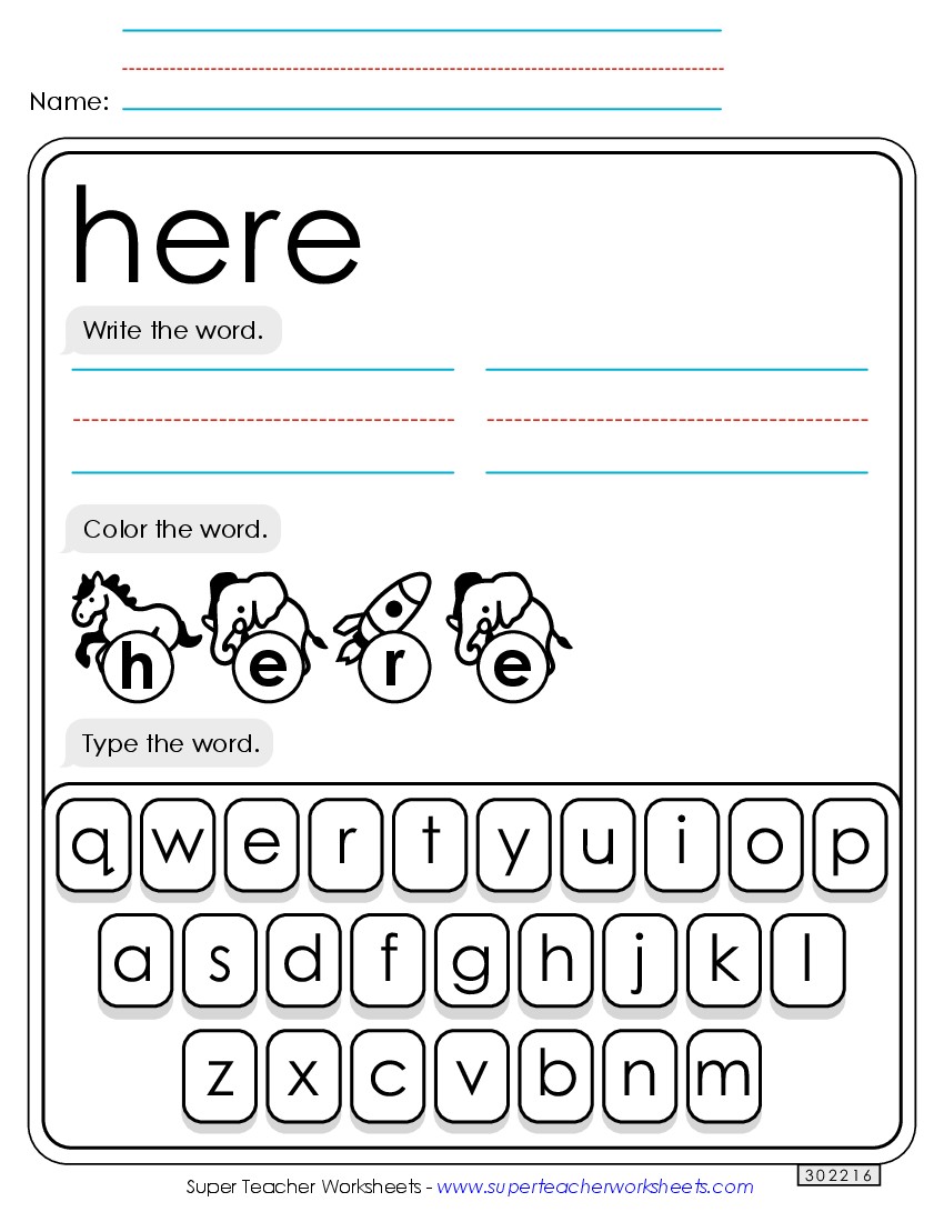 Write, Color, Type: Here Sight Words Individual Worksheet