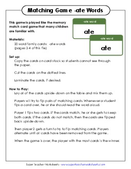 Memory Match Game (-ate) Word Families Worksheet