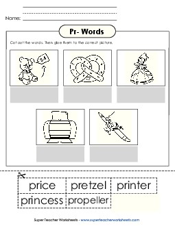 Cut and Glue (Pr- Words) Free Phonics Blends Worksheet