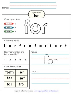 Worksheet 4: For Sight Words Individual Worksheet