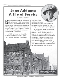 Jane Addams: A Life of Service 5th Grade Reading Comprehension Worksheet