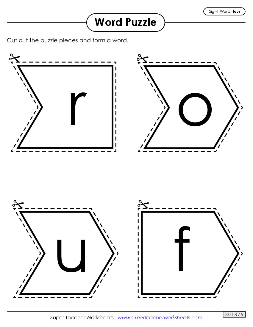 Word Puzzle: Four Sight Words Individual Worksheet