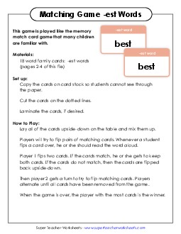 Memory Match Game (-est) Word Families Worksheet