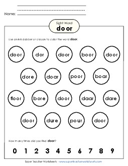 Dab or Color: Door Sight Words Individual Worksheet