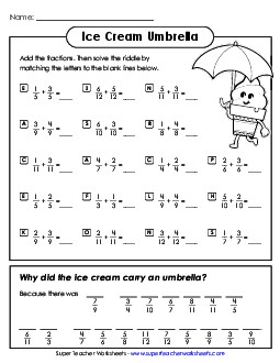 Ice Cream Math Riddle (Adding Fractions / Like Denominators) Worksheet