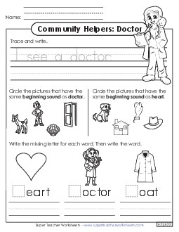 Mixed Literacy Skills: Doctor Community Helpers Worksheet