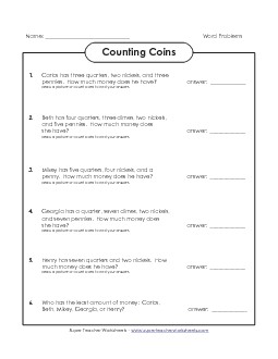 Counting Money Word Problems Worksheet