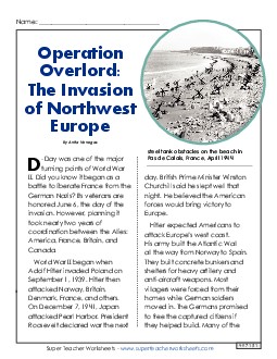 New Operation Overlord (D-Day) Reading Comprehension Worksheet