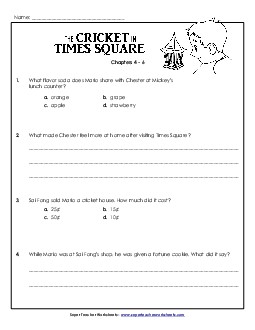 Comprehension Questions: Chapters 4 - 6 Book The Cricket In Times Square Worksheet