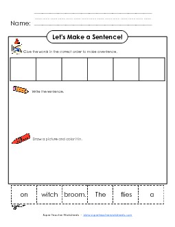 Build-a-Sentence: Witch\'s Broom Free Sentences Basic Worksheet