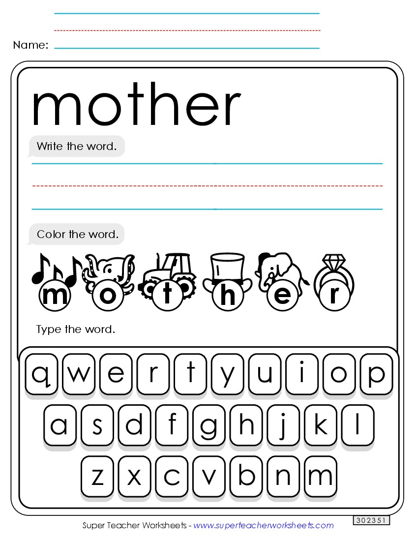 Write, Color, Type: Mother Sight Words Individual Worksheet