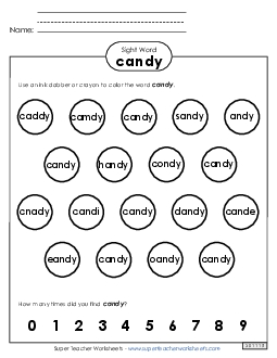 Dab or Color: Candy Sight Words Individual Worksheet