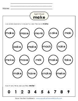 Dab or Color: Make Sight Words Individual Worksheet