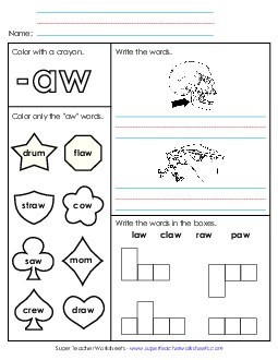 Worksheet 1 (-aw Words) Word Families Worksheet