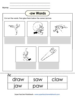 Cut and Glue (-aw) Word Families Worksheet