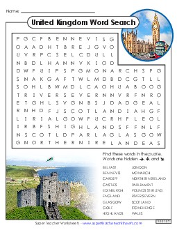 United Kingdom Word Search Wordsearch Worksheet