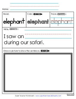 Worksheet 3: Elephant Sight Words Individual Worksheet