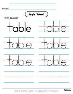 Trace the Word: Table Sight Words Individual Worksheet