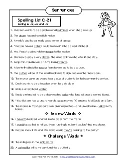 Spelling Test Sentences (C-21) Spelling C Worksheet