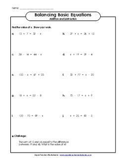 Balancing Equations (Addition/Subtraction Only) Worksheet