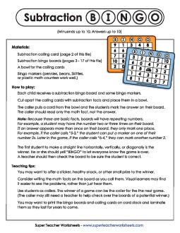 Subtraction Bingo (Basic Facts Within 10) Worksheet