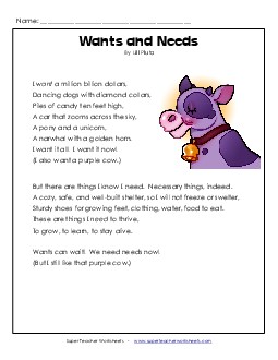 Wants and Needs Poems Worksheet