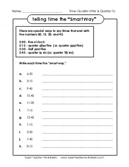 Telling Time Worksheet (Quarters) Worksheet