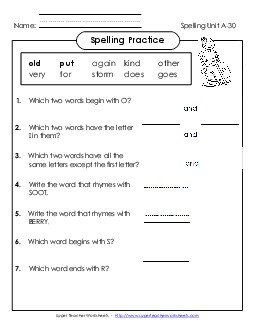 Spelling Practice (A-30) Spelling A Worksheet