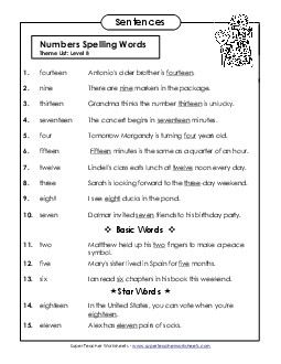 Spelling Test Sentences (B-Number Words)  Spelling B Worksheet