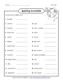 Word Scramble (D-28) Free Spelling D Worksheet