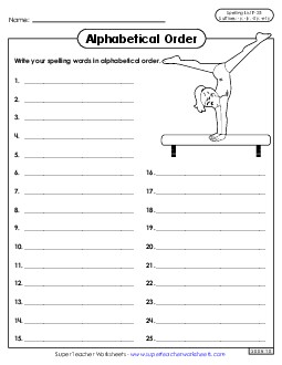 Alphabetical Order: Whole List (F-25)  Spelling F Worksheet