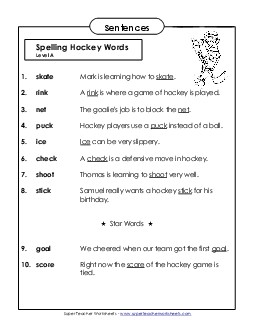 Spelling Test Sentences (A-Hockey Words)  Spelling A Worksheet