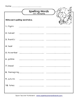 Write Two Times (C-Thanksgiving)  Spelling C Worksheet