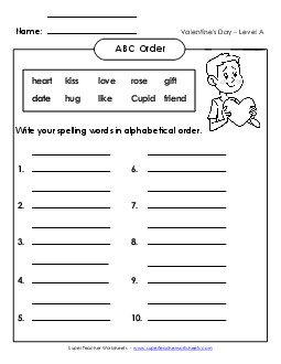 ABC Order: Write List (A-Valentine\'s Day)  Spelling A Worksheet